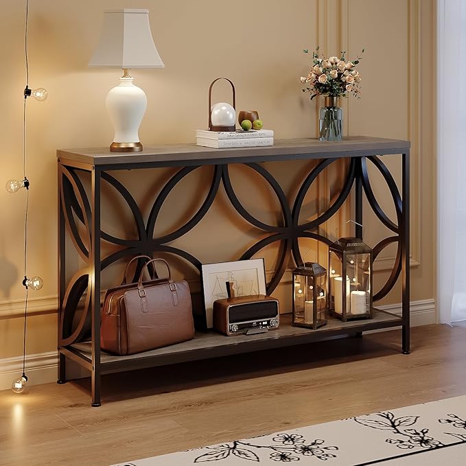 GiftGo Narrow Sofa Table 47.2 Inch, Industrial Sofa Table Behind Couch, Vintage Entry Console Table with Storage for Entryway, Living Room, Foyer, Elegant Design (Grey, 47.2)