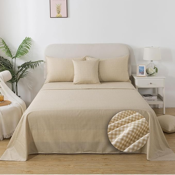 FADFAY Brown Plaid Twin Size Sheets 100% Cotton Geometric Checker Bedding Teens Grid White Gingham Pattern College Bedding Deep Pocket Sheets with 2 Pillowcases Ultra Soft 4pcs, Twin Size