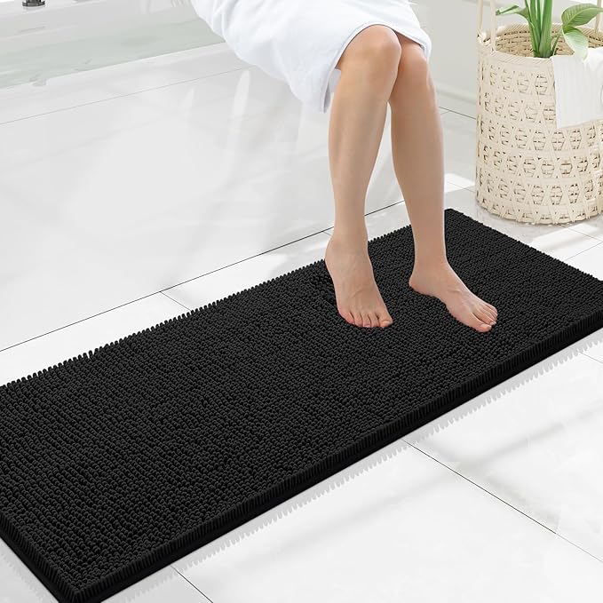 Smiry Luxury Chenille Bathroom Rugs 47x17, Extra Soft and Absorbent Shaggy Bath Mat, Machine Washable, Non-Slip Plush Carpet Runner for Tub, Shower, and Floor, Home Decor Accessories, Black