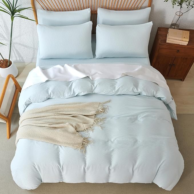 Duvet Cover Set Queen Glacier Blue, 3 Pieces Double-Layer Crinkle Gauze Soft Bedding for All-Season Lightweight Breathable with 2 Pillowcases