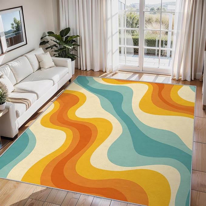 Retro Wavy Rugs for Entryway, 2x3 ft, Abstract Waves Area Rugs for Bedroom Kitchen Entrance, Soft Non Slip Washable 70s Groovy Indoor Door Mat Home Decorations Dt-Ghf-69