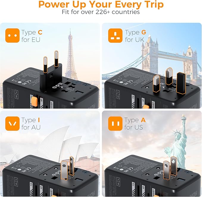 TESSAN Universal Travel Adapter, 140W GaN International Plug Adaptor with 3 USB C and 1 USB A Charging Ports, Worldwide Power Outlet for US to Europe UK AUS Ireland(Type C/G/A/I), Black
