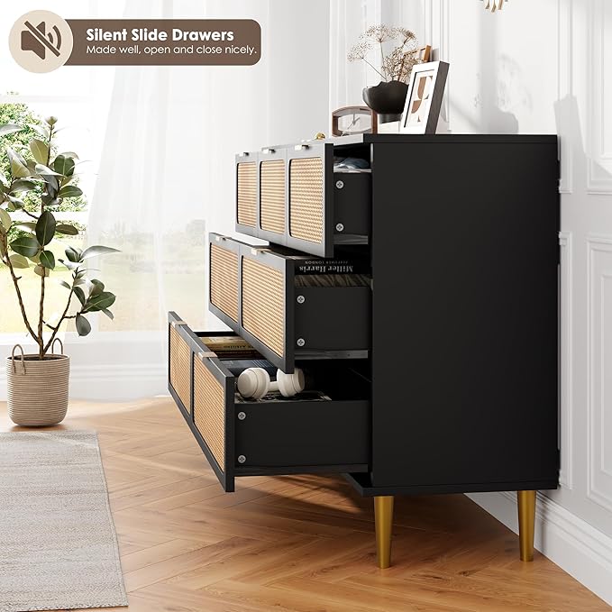 Garvee Rattan Dresser with 7 Drawers, Tall Modern Closet with Deep Storage, Large Chest of Drawers with Wide Top, Long Wooden Dresser for Bedroom, Living Room, Hallway, Kids Room, Black