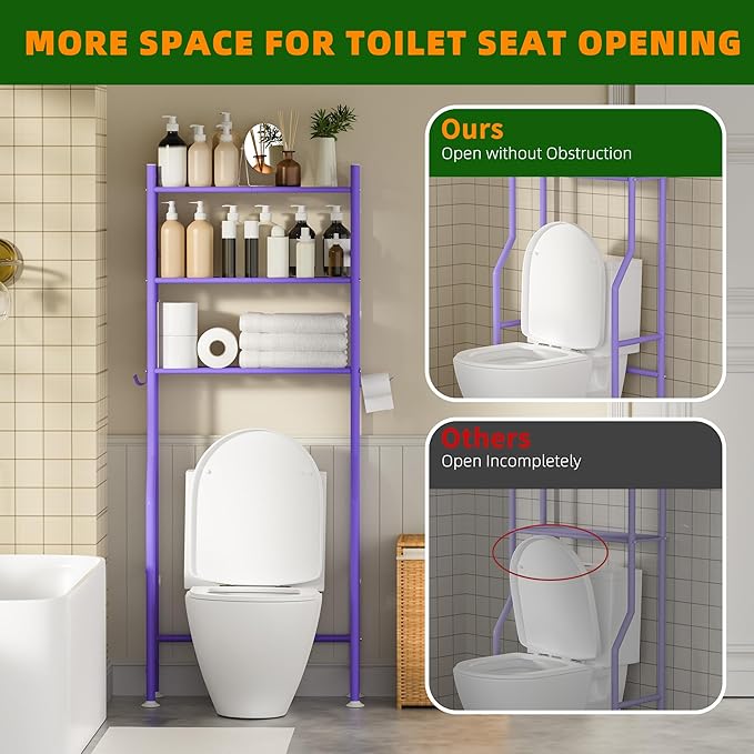 3-Tier Over Toilet Storage with Anti-Tilt Safety System - 150lb Total Capacity Metal Bathroom Shelves Including Paper Holder & 4 Hooks, Space Saving Above Commode Organizer (64" H, Purple)
