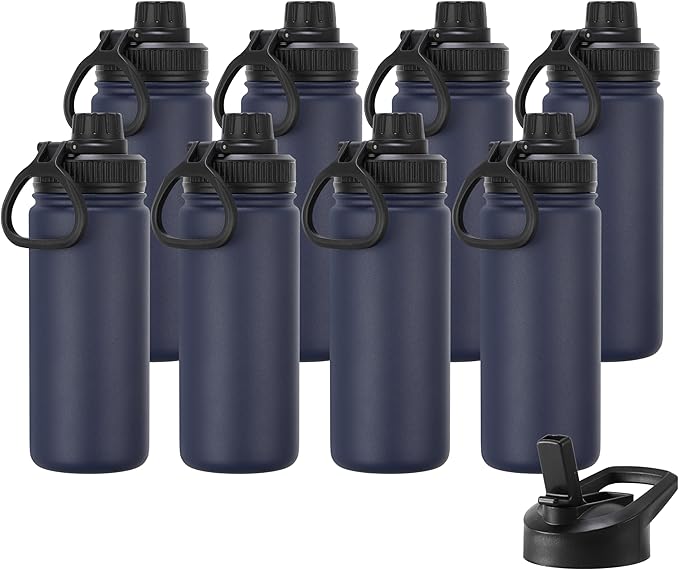 DOMICARE 16 oz Kids Water Bottle for School Stainless Steel Double Wall Vacuum Insulated Water Bottle with Straw lids & Spout Lid, Leakproof BPA Free (Navy,8)