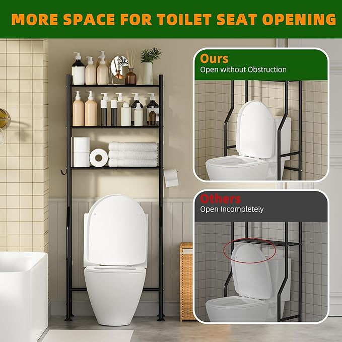 3-Tier Over Toilet Storage with Anti-Tilt Safety System - 150lb Total Capacity Metal Bathroom Shelves Including Paper Holder & 4 Hooks, Space Saving Above Commode Organizer (64" H, Black)