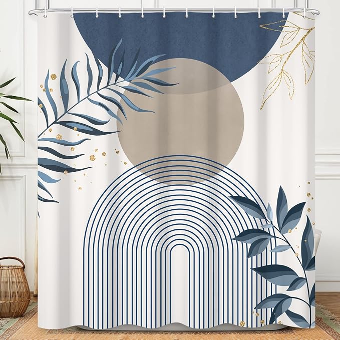 Boho Mid Century Shower Curtain, Navy Blue Modern Minimalist Abstract Geometric Gold Plant Leaves Sun Arch Bathroom Curtains Waterproof Fabric Buthtub Curtain Set with Hooks 48" Wx72 L