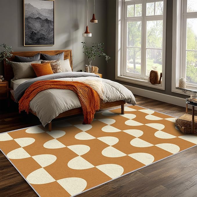 Caramel Dot Wave Area Rug 3 x 4 ft, Mid-Century Modern Geometric Rug, Brown Cream Abstract Washable Rug, Soft Low Pile Non-Slip Carpet for Living Room Bedroom Dining Room