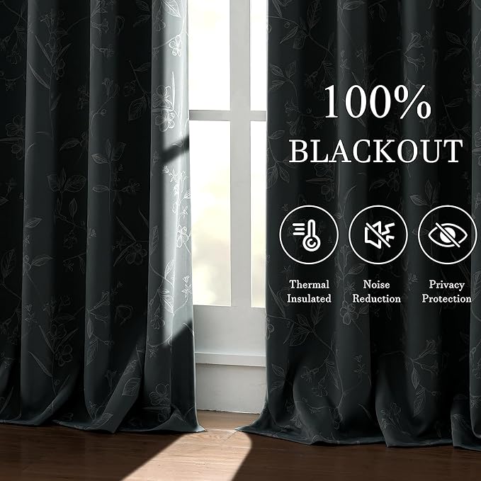 ChrisDowa Grey 100% Blackout Floral Curtains 84 Inches Long 2 Panels for Bedroom Living Room White Flower Patterned Room Darkening Thermal Insulated Soundproof Grommet Window Treatments Drapes,52X84