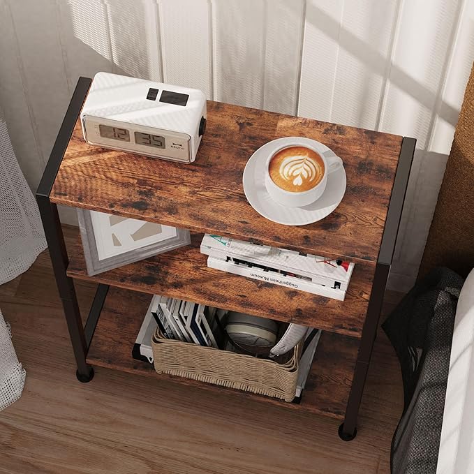 3-Tier Side Table Set of 2, Small End Table, Sofa Side Table for Narrow Spaces, Slim End Table, Nightstand Table, for Living Room Bedroom Office, Rustic Brown