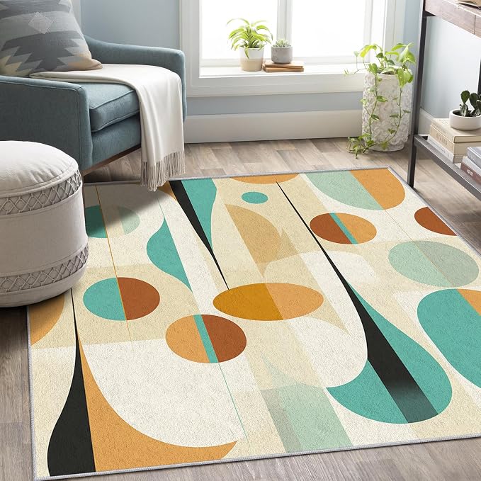 Retro Mid Century Rug 8x10, Washable Modern Geometric Rugs for Living Room Bedroom, Abstract Mid-Century Area Rug for Home Decor, Non Slip Backing Floor Carpet - 8 x 10 ft