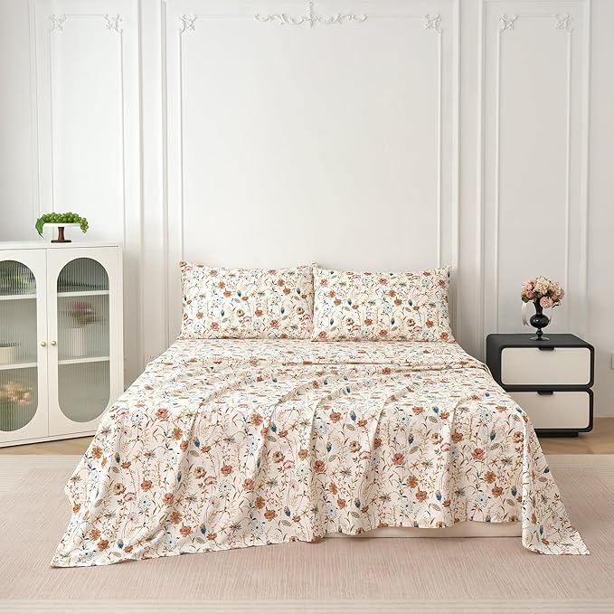 Zusbest King Sheets Set 100% Percale Cotton - Boho Floral Botanical Printed Bedding with Deep Pocket 17.5'', Vintage Burnt Orange & Teal Design, 4-Piece Soft Breathable Sheets