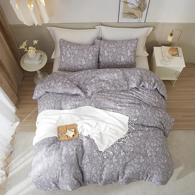 EAVD Vintage Style Grey Floral Duvet Cover Twin Soft Cotton Chic Shabby Garden Floral Bedding Set with 2 Pillowcases Reversible Fresh Botanical Floral Comforter Cover with Zipper Closure