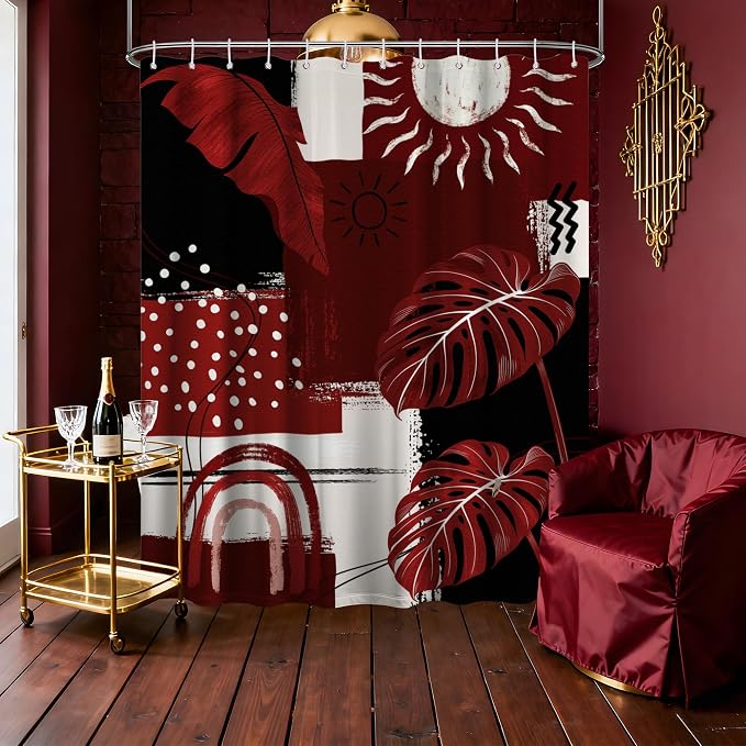 Black and Red Mid Century Modern Shower Curtain Bohemian Abstract Burgundy Shower Curtains for Bathroom Decor Sets, Waterproof Cloth Fabric with Hooks, 70x72 Inch