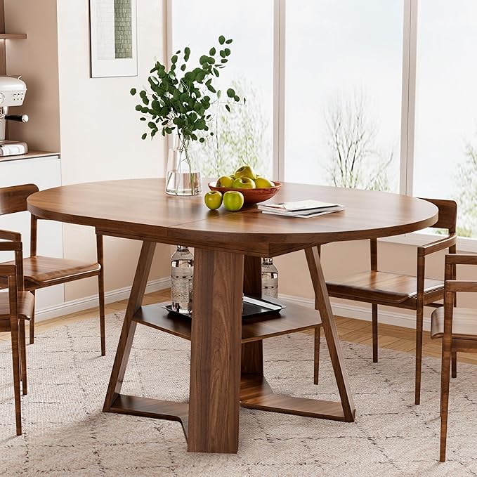 43.3in-59in Extendable Round Dining Table for 4-6,Modern Kitchen Oval Dining Table with Removable Leaves Space Saving,Wood Base with Storage Shelf for Kitchen Living Room