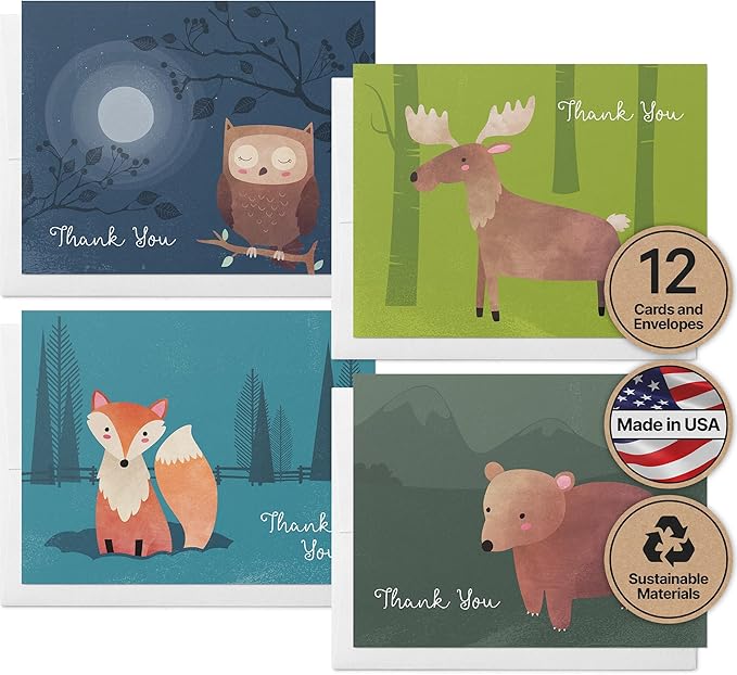 Twigs Paper Thank You Card Set - 12 Assorted Greeting Cards For All Occasions - Thank You Cards with Envelopes - Appreciation Cards - Eco Friendly - Made In USA - 5.5 x 4.25 Inch - Woodland Animals