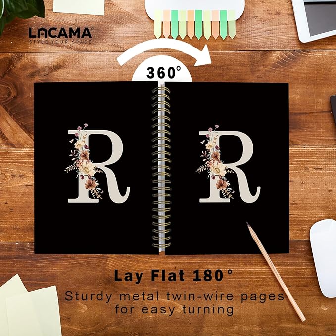 Lacama Black Initial Letter R School Notebook Journal, Cute Wildflower Personalized Spiral Notebook, School Supplies, Customized Monogrammed Gifts, Birthday Gifts for Women, Office Supplies