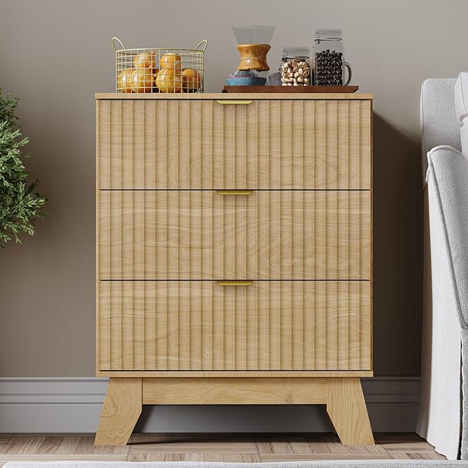 BORNOON Fluted 3 Drawer Dresser, 30.3" Tall Compact Modern Boho Chest of Drawers, Wooden Storage Cabinet for Bedroom, Living Room, Entryway, Curved Profile Design