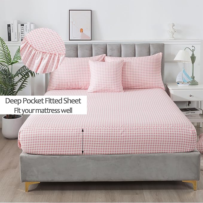 FADFAY Pink Plaid Twin Extro Long Size Sheets 100% Cotton Geometric Checker Bedding Teens Grid White Gingham Pattern College Bedding Deep Pocket Sheets with 2 Pillowcases Ultra Soft 4pcs, Twin XL Size