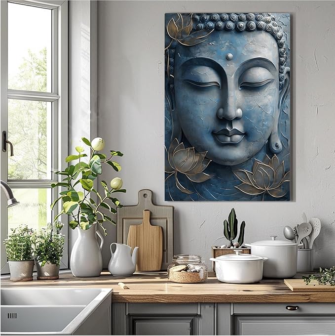 Canvas wall art Golden lotus crown Serene Buddha poster Ethereal blue toned art with delicate floral decor Zen wall art for a tranquil meditation space 24x36in Wood Framed