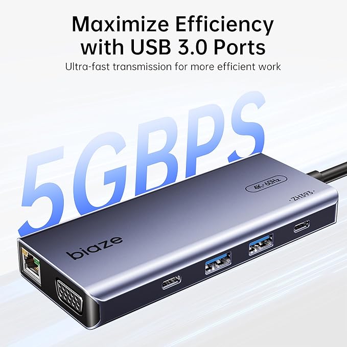 BIAZE 10-in-1 USB C Hub Multiport Adapter, 4K60Hz HDMI & VGA, 100W PD Charging, Gigabit Ethernet, USB 3.0, SD/TF Card Reader, 3.5mm Audio, for MacBook, iPad, Dell, HP and More Type C Laptops