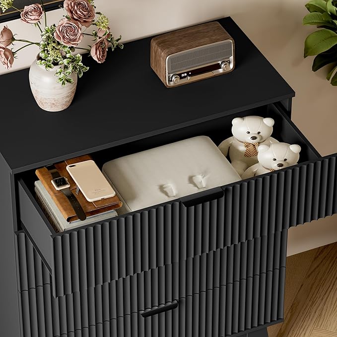 BORNOON 39" Tall Dresser for Bedroom, 4-Drawer Fluted Chest of Drawers, Modern Wood Highboy with Deep Storage, Metal Slides & Handles, Anti-Tip Kit, Vertical Clothes Organizer for Apartment, Nursery