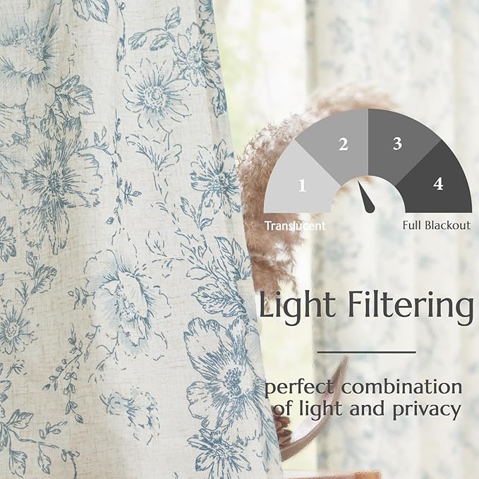jinchan Linen Floral Curtains 100 Inch Extra Wide for Patio Sliding Glass Door Room Divider Curtain for Living Room 96 Inch Length Farmhouse Peony Blue Printed Curtain Set 1 Panel