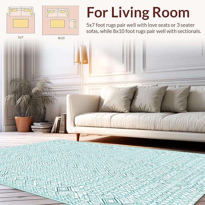 Flatwoven High Traffic Area Rug 5x7, Geometric Diamond Trellis, Non Slip, Stain Resistant, Washable Area Rugs for Living Room, Bedroom (Teal, 5x7)