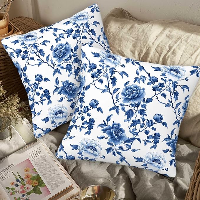 Chinoiserie Floral Throw Pillow Cover 18x18 Set of 2, Cushion Case for Couch, Sofa and Living Room, Vintage Flower Pillow Cases for Home Decor