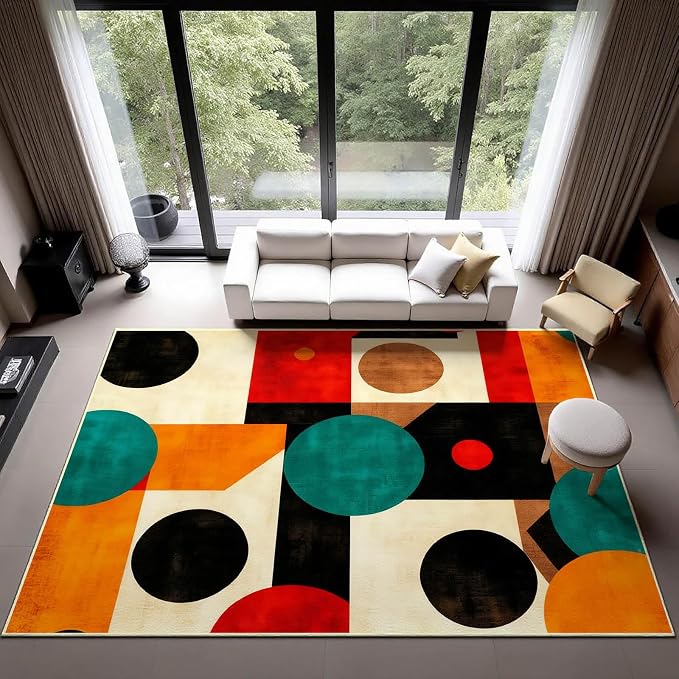Geometric Rug, Mid Century Modern Rug, Abstract Colorful Geometric Rugs, Washable Non-Slip Soft Low Pile Vintage Abstract Carpet for Living Room, Bedroom (10' x 16'(Rectangular))