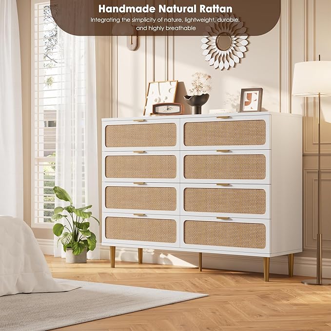 Garvee Rattan Dresser with 8 Drawers, Tall Modern Closet with Deep Storage, Large Chest of Drawers with Wide Top, Long Wooden Dresser for Bedroom, Living Room, Hallway, Kids Room, White