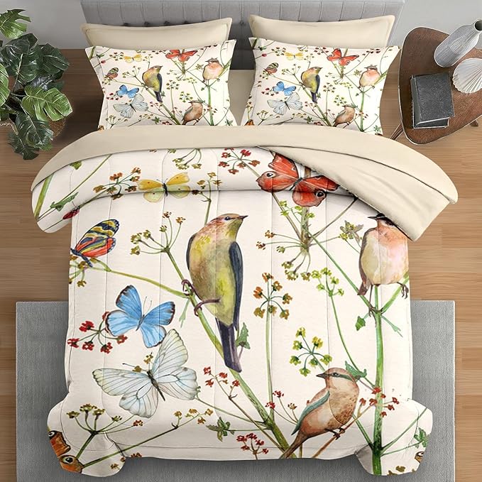 Comforter Set Full Size, Vintage Birds Butterfly Colorful 7 Pcs Bedding for Kids and Adults, Beige Spring Floral Bed Sheet Sets with Fitted Sheet 2 Pillowcase & 2 Sham for Bedroom Bed Decor