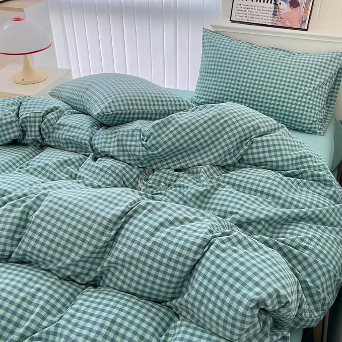LifeTB Twin XL Comforter Set Green Gingham Comforter for Men Boys Geometric Plaid Comforter Set Fluffy Soft Plaid Gingham Bedding Set Green Blue Grid Checkered Pattern Comforter with 2 Pillowcases