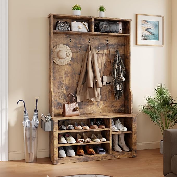 Aiho Entryway Hall Tree with Bench and Storage, 3-in-1 Hall Tree with Coat Rack, Adjustable Shoe Bench, 2-Tier top Storage, for Hallway, Entryway, Bedroom, Rustic Brown