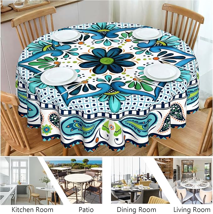 Eikione Boho Round Tablecloth 60inch, Bohemia Table Cloth, Polyester Waterproof Stain Wrinkle Free Tablecloths, Indoor and Outdoor Table Cover for Home Kitchen Dining Decor