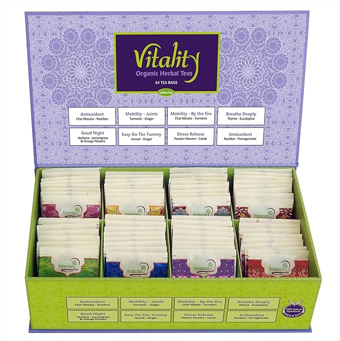 Adanim Bio Vitality Organic Herbal Tea Sampler Gift Set Caffeine Free 8 Flavors Variety Pack 64 Individually Wrapped Tea Bags for Gifting