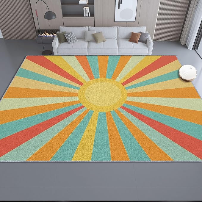 4x5 Washable Area Rug, Colorful Retro Sunburst Stripes Design Non Slip Non-Shedding Rug Easy Care for Living Room Bedroom Kitchen Office Carpet