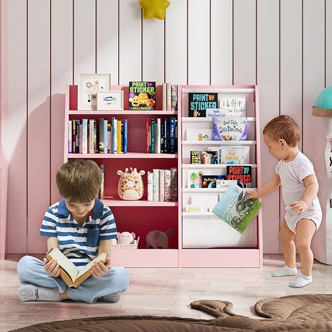 Pink 4-Tier Kids Wooden Bookshelf,5 Layer Sling Bookcase,Baby Storage Book Rack,Kids Book Toy Organizer Chest,Infant Toddler Front Facing Book Display,Playroom Classroom Nursery Church Bedroom