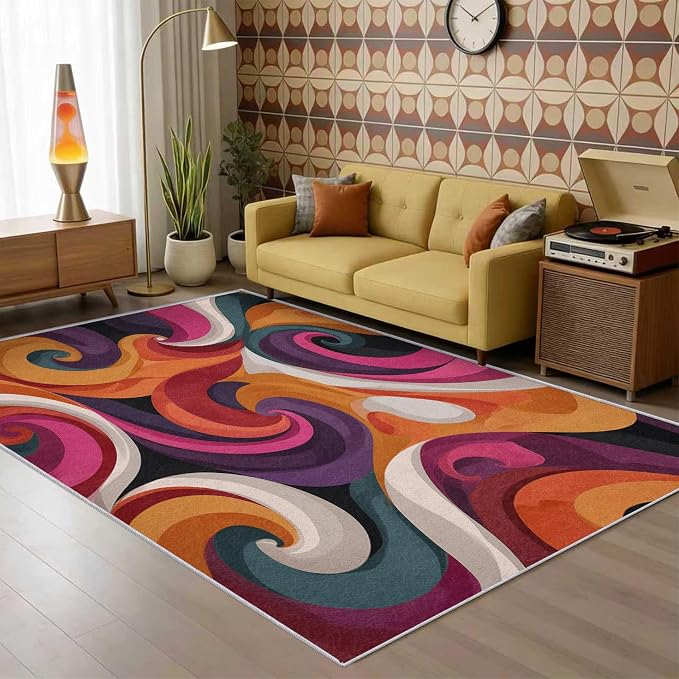 70s Rug Square 8x8 Retro Funky Hippie Psychedelic Swirl Pattern Area Rugs for Living Room, Bedroom, 70s Home Decor Accessories Indoor Carpet, Non Slip & Machine Washable, GD0402