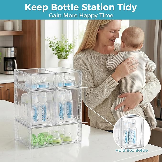 Vtopmart 5 Pack Clear Stackable Storage Drawers,Easy to Assemble Baby Bottle with handles,Plastic Drawers for Kitchen Pantry,Cabinet,Under Sink Organization