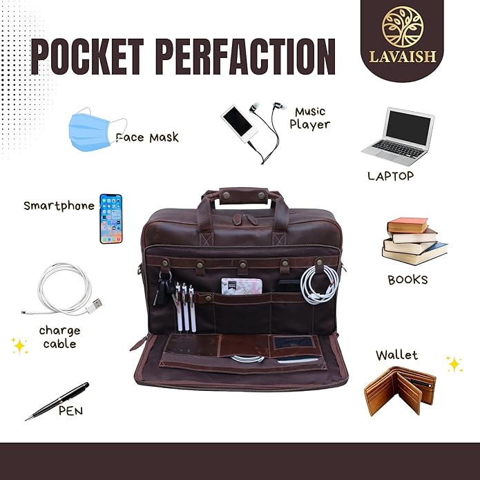 LAVAISH Handmade Full-Grain Leather Briefcase for Men & Women–17" Laptop Bag with Computer Compartment Office Satchel Bag