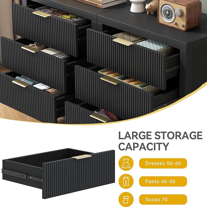 LSKTGA 3 Drawer Dresser, Chest of Drawers Organizer with Waveform Panel, Large Fluted Dresser with Wide Drawers and Golden Handles, Wood Storage for Bedroom, Hallway, Entryway, Black
