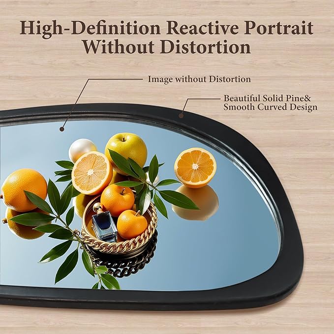 48''x22'' Asymmetrical Mirror with Wood Frame Black, Small Irregular Wall Mirror Odd Shaped, Mid Century Modern Mirror Decor for Bedroom Living Room Entryway Hall