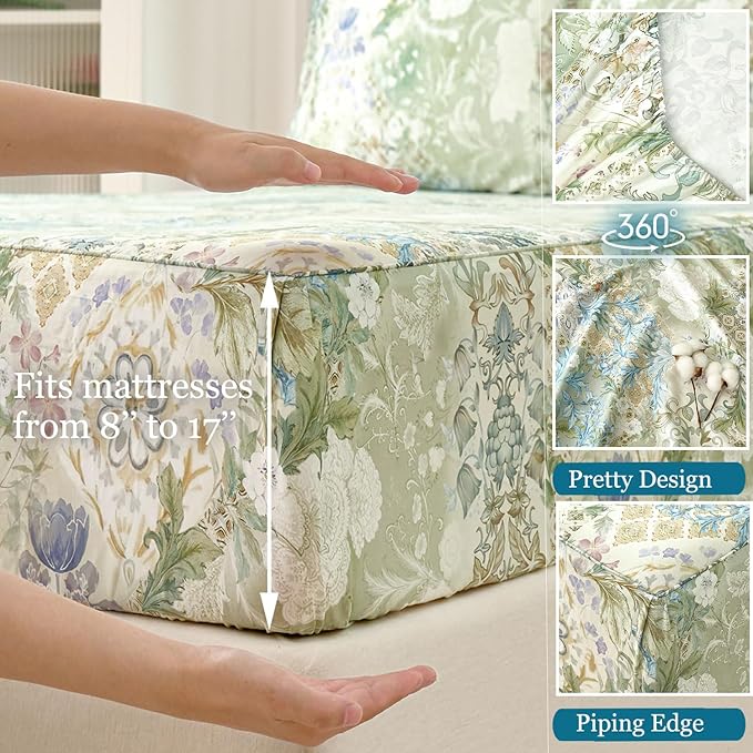 Zusbest Full Size Sheets Luxury Sage Green Floral Bed Sheet Set 100% Cotton, Satin Weave Soft Silky Breathable for Hot Sleepers American Country Style Vintage Flower Deep Pocket 17.5‘’ Bed Set 4Pcs
