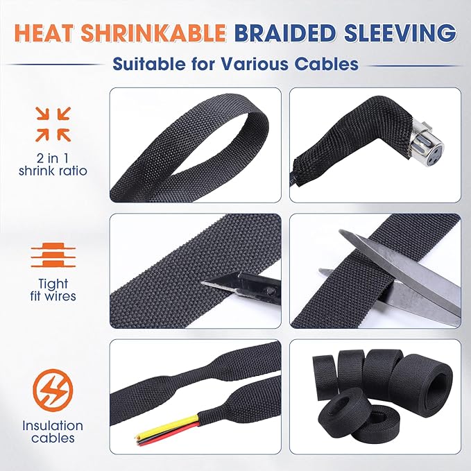 FOURUB 2:1 Heat shrinkable Braided Sleeving Fabric Wire Loom High Temp Heat Shrink Wiring Harness Abrasion Protector Cable Sleeve(2"-15ft)