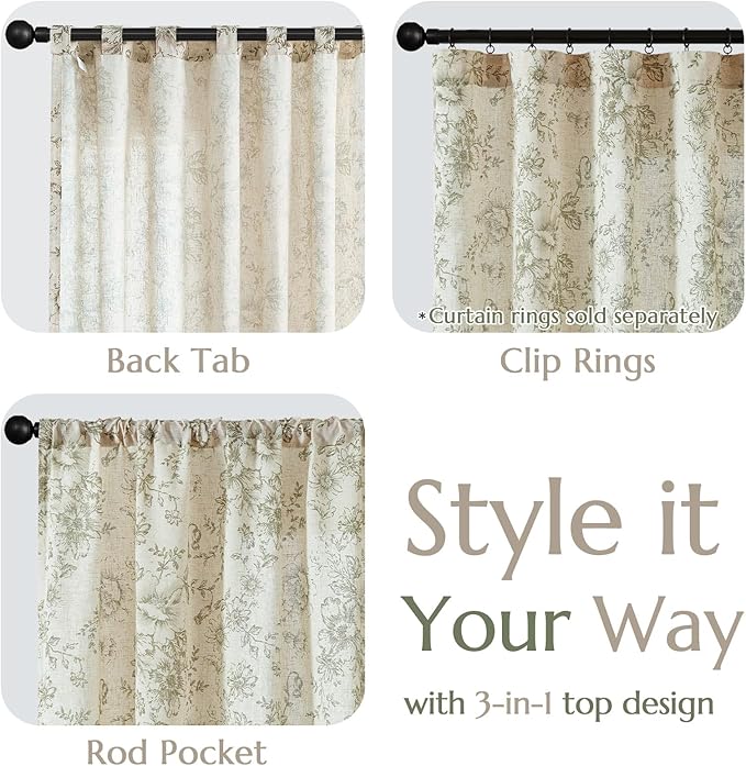 jinachan Linen Blend Floral Curtains for Living Room 63 Inch Length Christmas Sage Green Printed Curtain Rod Pocket Back Tab Farmhouse Peony Flower Patterned Drapes Bedroom Curtains Set 2 Panels