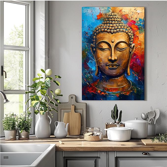 Golden Serenity Buddha Vintage Painting Wall Art Spirituality and Modern Art Wall Decor Adds Brilliance to Vibrant Home Decor 12x18in Wood Framed