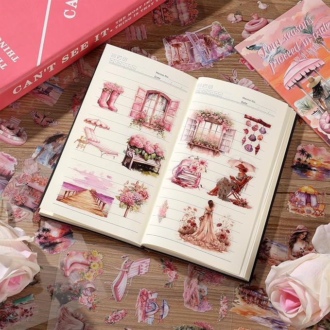 Auguro PET 20 Sheets 120 Pre-Cut Summer Stickers for Scrapbooking People Beach Scrapbook Sticker Transparent Stickers for journaling Junk journaling Supplies