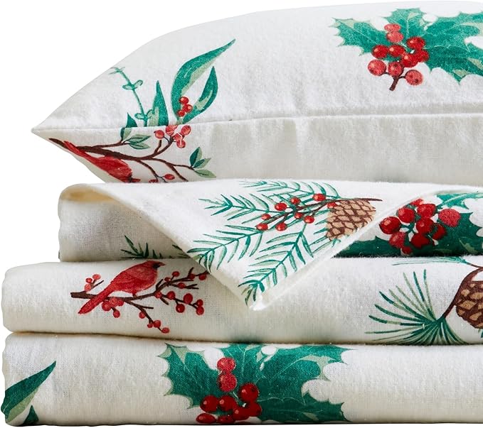 Market & Place 100% Cotton Full Flannel Sheet Set | 4 Piece Deep Pocket Novelty Cozy Winter Bed Sheets | Double Brushed for Extra Softness & Comfort | Alpine Collection (Full, Cardinal & Pine)