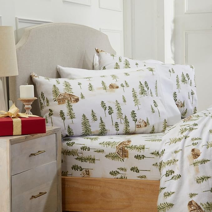 Market & Place 100% Cotton Full Flannel Sheet Set | 4 Piece Deep Pocket Novelty Cozy Winter Bed Sheets | Double Brushed for Extra Softness & Comfort | Alpine Collection (Full, Watercolor Forest)